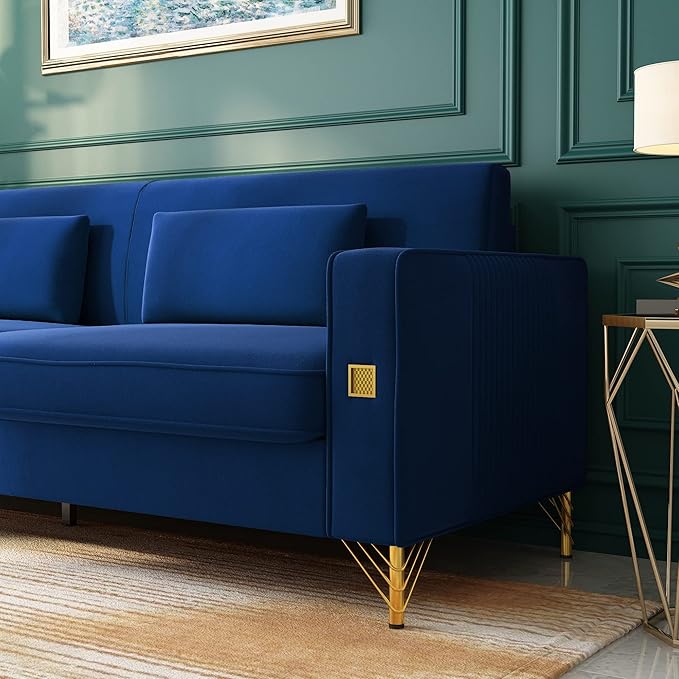 2PCS 85.63" Blue Velvet Sofa,Modern Loveseat Couch with Pillows Set of 2 for Living Room,Bedroom,Apartment Furniture with Gold Metal Legs