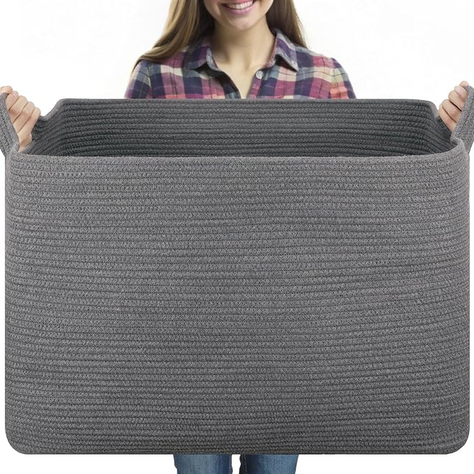 118L Extra Large Blanket Basket, 24.8" x 17.7" x 17.2" Woven Storage Basket for Living Room, Rectangle Nursery Blanket Storage for Toys, Towels, Dirty Clothes (Grey)
