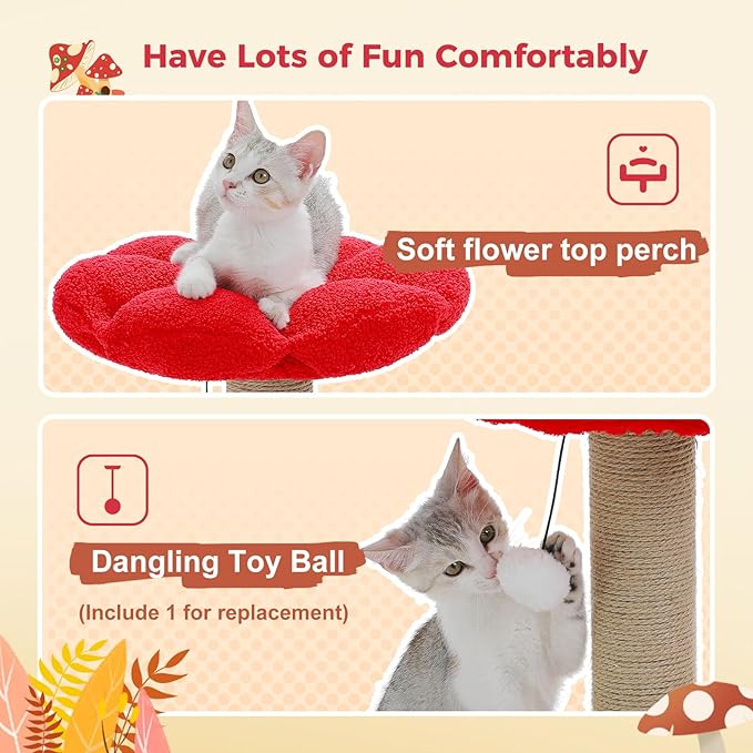 PETEPELA Cat Scratching Post, Mushroom Cat Scratcher Cute Cat Tree Tower with Thick Scratching Post & Removable Flower Cats Bed [Dia=15.7''], Tall Post for Kittens and Indoor Small, Brown