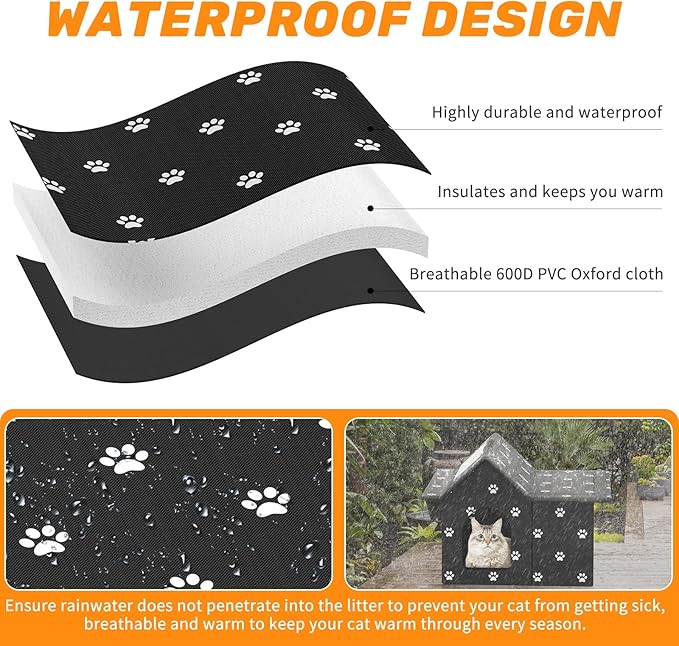 Outdoor Cat House Weatherproof, Large Feral Cat House for Winter, Collapsible Outdoor Cats Shelter in Winter with Door and Soft Mat, Easy to Assemble (Black)