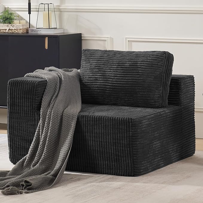 40" Modular Sectional Sofa, Upholstered Floor Sofa Couch with Pillow, Bean Bag Chair for Bedroom Living Room, No Assembly Required (Plush Corduroy Fabric, Black)