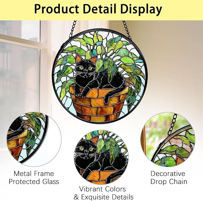 TNUW Black Cat Plant Stained Glass Window Hanging, Black Cat Botanical Sun Catchers Indoor Window Glass Round Wall Art Decor, Wall Hanging Decorations, 7.9＂x7.9＂