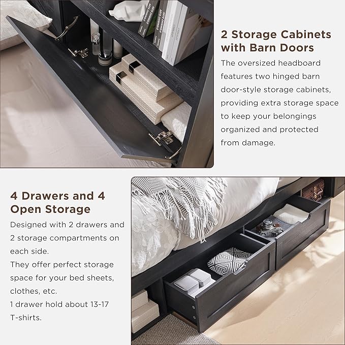 ACCOHOHO King Bed Frame Farmhouse with 52" Storage Bookcase Headboard, 4 Drawers Wooden Bed Frame, LED Light, Charging Station - Black