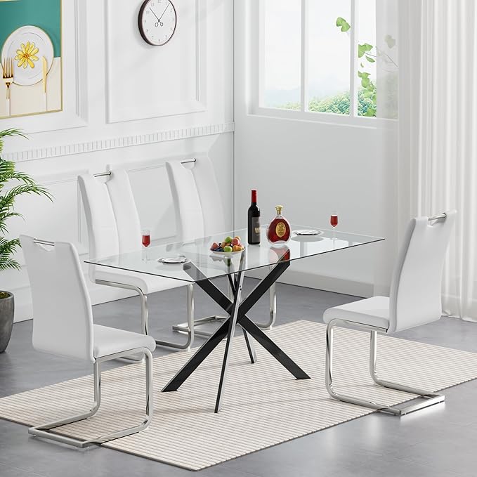 Modern Glass Dining Table Set for 4, Black Glass Kitchen Table and Chairs Set of 4, 5 Piece Dining Room Table Set with 61" Rectangular Metal Glass Dinner Table and 4 White Leather Dining Chairs