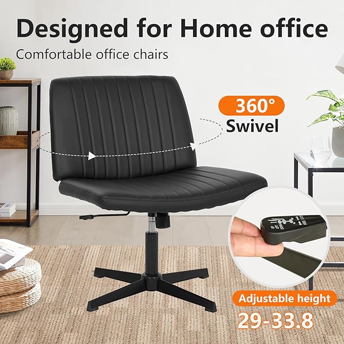 FDW Criss Cross Chair Armless Cross Legged Office Desk Chair Adjustable Swivel Ergonomic Gaming Chair No Wheels Backrest with Wide Seat Native Sponge Computer Task Vanity Chair for Home Office,Black