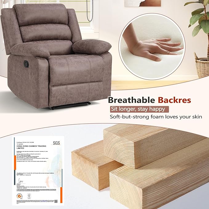 ANJ Recliner Chair, Overstuffed Manual Living Room Reclining Chair in Breathable Faux Leather