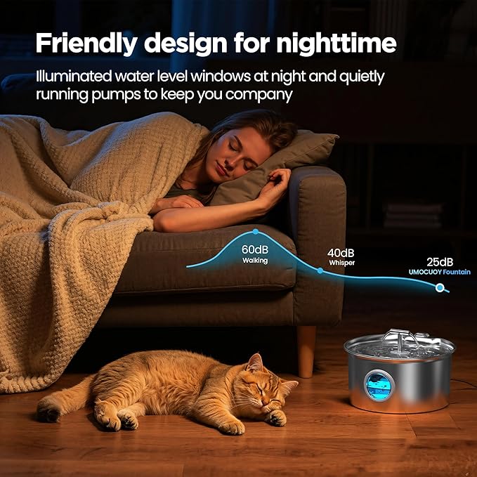 Cat Water Fountain Stainless Steel: Cat Fountain for Drinking with Filter - Pet Water Fountain for Cats Indoor - Automatic Pet Water Dispenser Bowl - 6 Carbon Filters & 3 Foam Filters