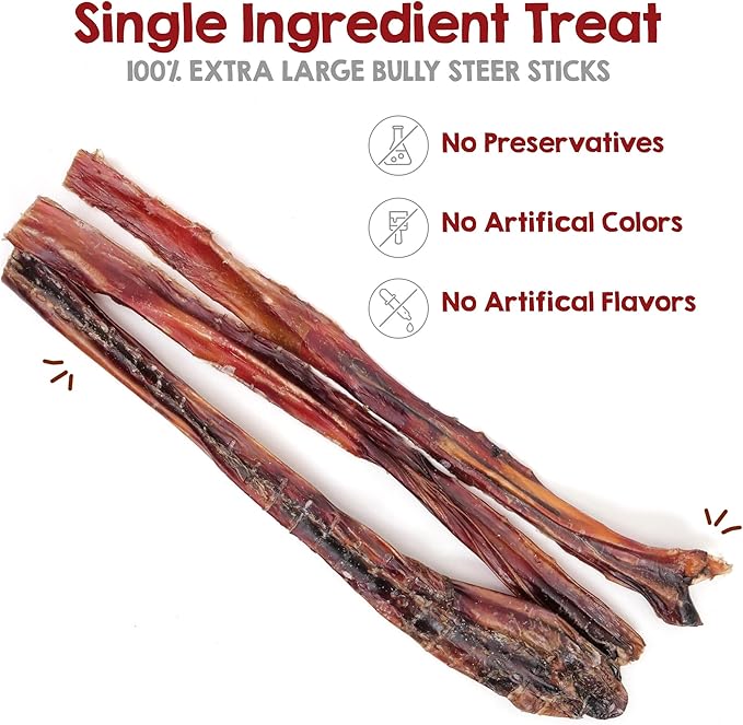 Riley's Steer Bully Sticks for Large to XL Dog Breeds - Odor Free, Single Ingredient Treat - Easily Digestible, 100% Beef Pizzle Sticks for Dogs - 12", 5ct