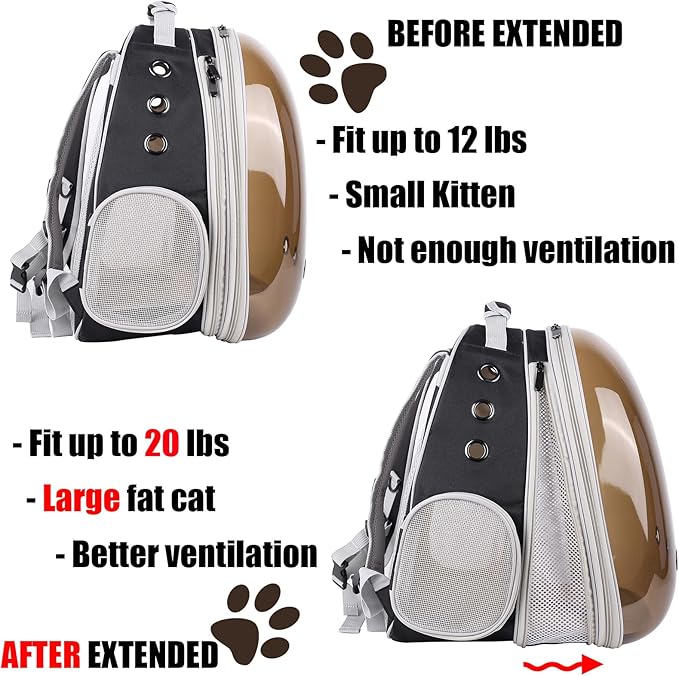 Front Expandable Cat Backpack Carrier, Fit up to 20 lbs, Polarized Tinted Brown Bubble Window Pet Carrier Backpack for Large Fat Cat and Small Puppy