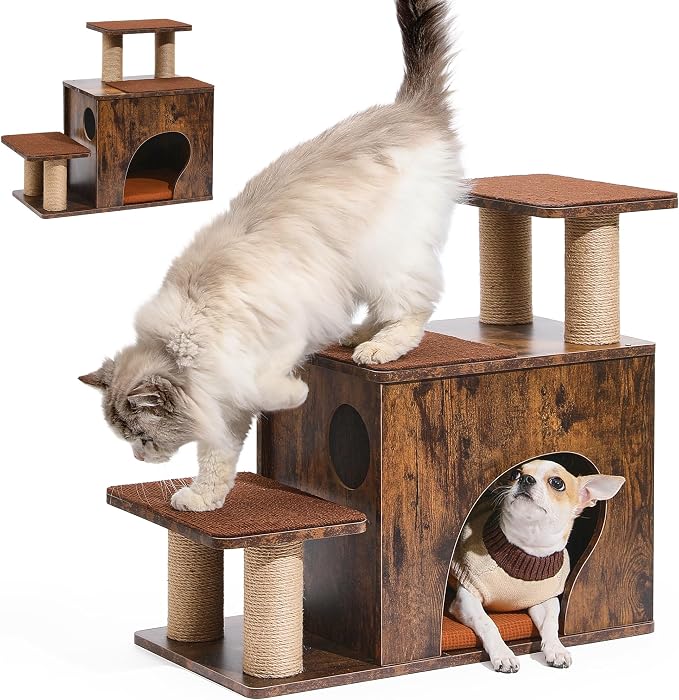 FUKUMARU 3-in-1 Pet Stairs, Retro-style Dog Steps for Cats and Small Dogs, Wooden Cat Stairs for High Bed with Scratching Post, Dog Ramp for Couch with Cat Condo Cave, Easy to Clean & Aesthetic Design