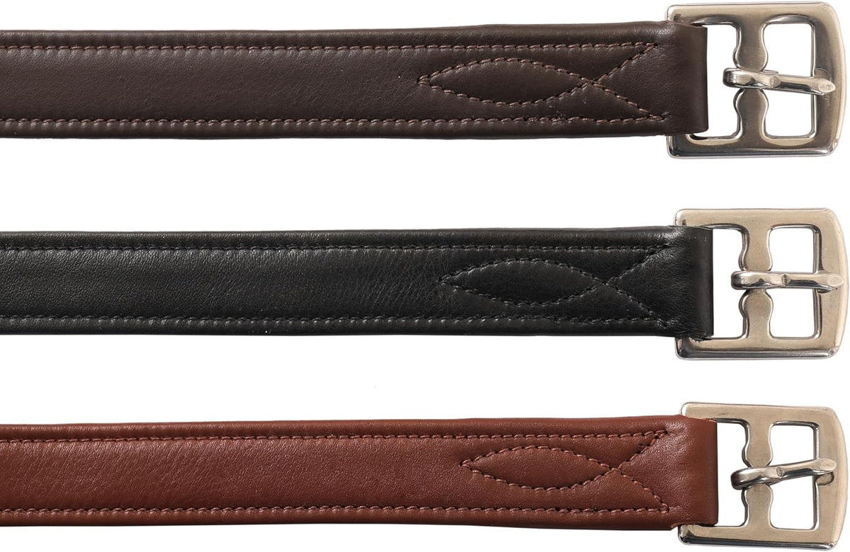 Exion FlexiStrong Stirrup Leathers for English Saddles – 1" Premium Calfskin with Nylon Core – Numbered Holes, Stainless Steel Buckles – Black/Brown – Horse Riding Gear (48"/120cm to 62"/155cm)