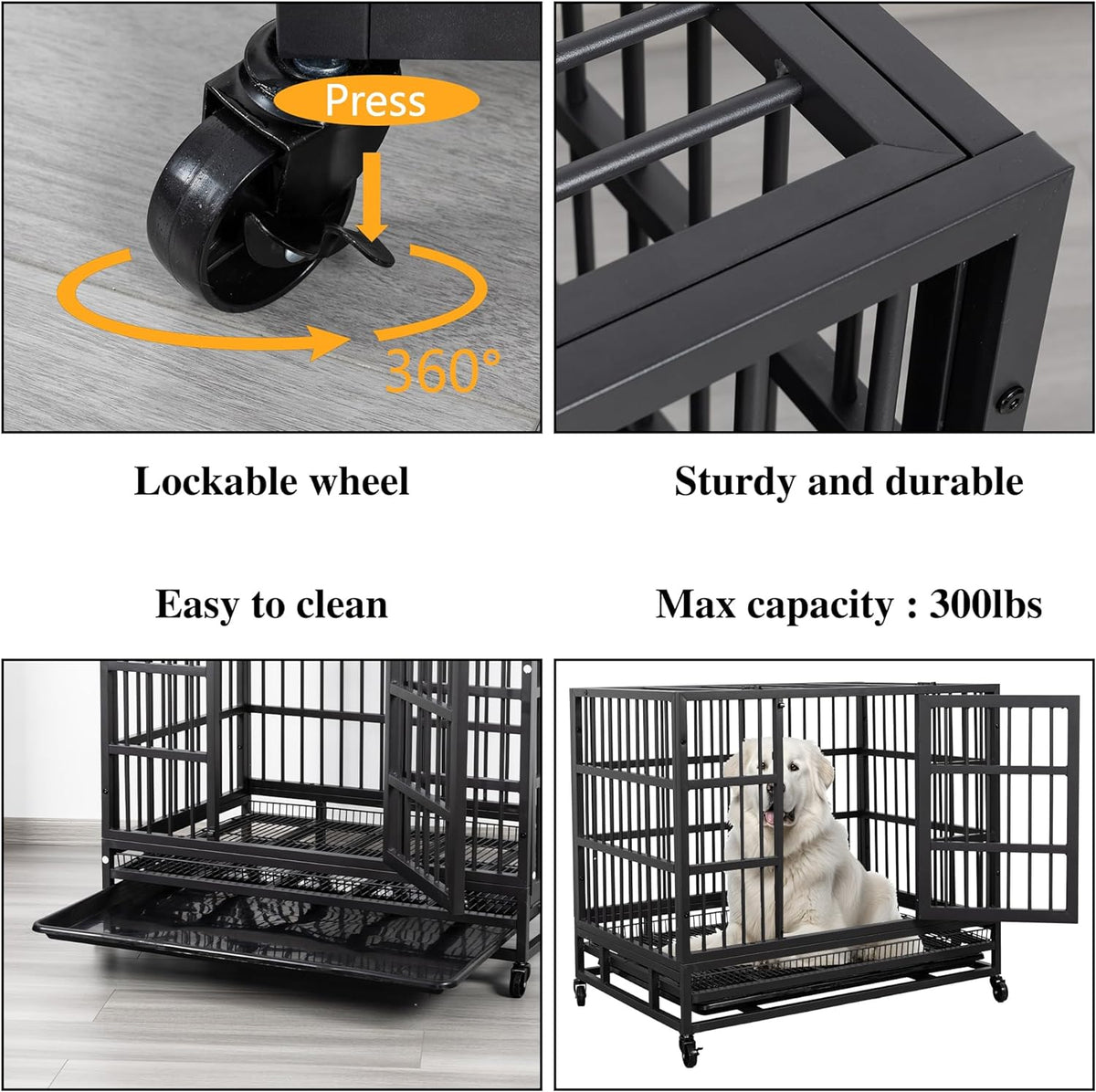 JY QAQA 48/38 Inch Heavy Duty Indestructible Dog Crate Double Doors Escape Proof Cage Kennel,Enhanced Metal Pet Cage,Extra Large Crate Indoor for Large Dog with Removable Tray and Lockable Wheels