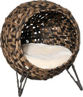 PawHut 20.5" Weaved Cat Bed with Cushion, Brown | Elevated Hand-woven Braided Banana Leaf Kitten House Condo