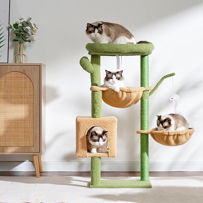 Heybly Cat Tree, 39.4 Inches Cactus Tower Condo with Scratching Post, Cat Tower for Indoor Cats, Fully Wrapped Sisal Pole, Soft Platform, 2 Baskets and Dangling Toy, Green and Yellow HCT006SGY