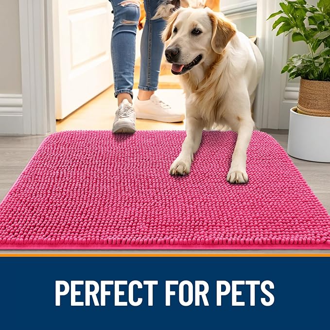 OLANLY Dog Door Mat for Muddy Paws 30x20, Absorbs Moisture and Dirt, Absorbent Non-Slip Washable Doormat, Quick Dry Chenille Mud Mat for Dogs, Entry Indoor Entryway Carpet for Inside Floor, Hot Pink