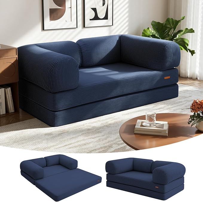 COMAX Futon Sofa Bed, 4-in-1 Floor Foldable Sofa Couch Bed Queen with L-Shaped Armrests, Convertible Folding Chair Bed Sleeper Mattress Fold Out Comfy Lounge for Living Room Bedroom, Dark Navy Blue