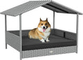 PawHut Wicker Dog House Outdoor, Silver Wicker, Gray Cushion | Rattan Dog Bed, Canopy, Water-resistant Cushion, Raised Pet Bed for Small, Medium Breeds up to 66 lbs, 20" in Length
