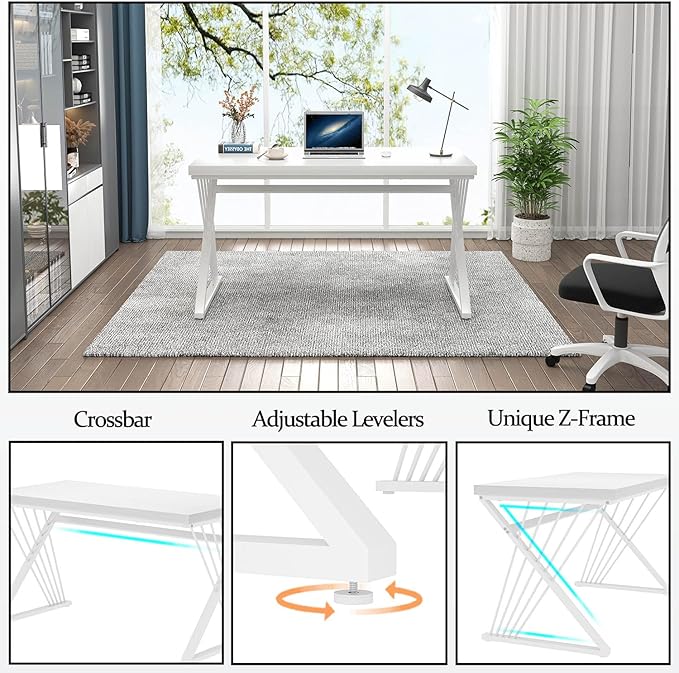 FOLUBAN White Desk, Modern Wood and Metal Computer Desk for Home Office, Simple Writing Work PC Desks for Bedroom, Industrial Study Gaming Table for Living Room, White, 47 Inch
