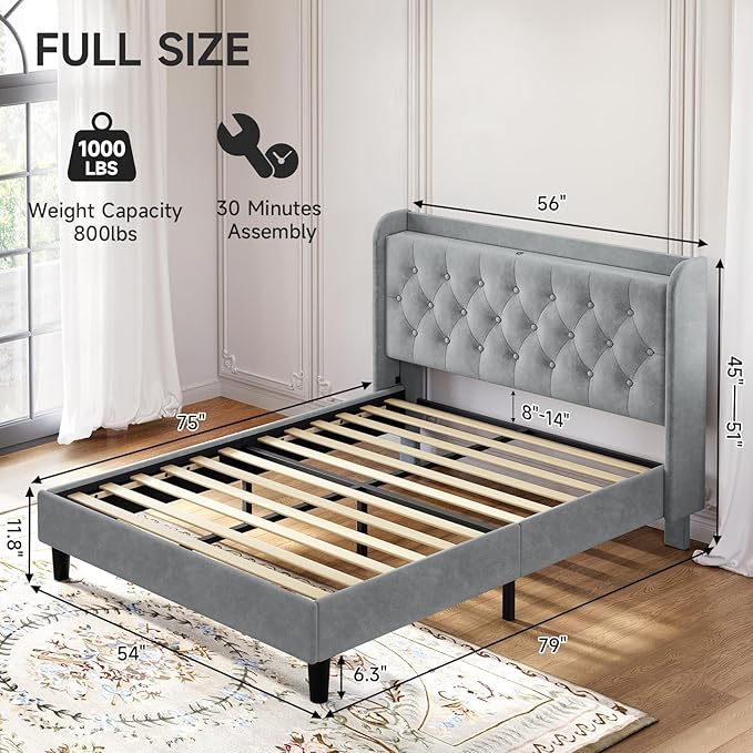 koorlian Full Size Bed Frame, Full Bed Frame with Headboard, Adjustable Velvet Upholstered Bed Frame with Type-C&USB Port, Wingback Storage Headboard, Solid Wood Slats Support, Noiseless, Light Gray
