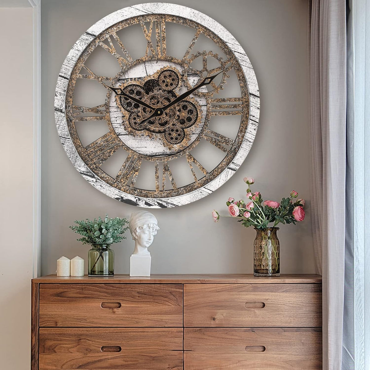 HOIBAI Large Wall Clock, 20 Inch Wall Clocks for Living Room Decor Farmhouse Vintage Rustic Kitchen Wall Decor Vintage Roman Big Oversized Wall Clock for Home Bedroom House Office, Moving Gears Clock