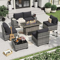 Aoxun 7 Pieces Patio Furniture Set with 40” Fire Pit Table Wicker Rattan Outdoor Sectional Conversation Set with Coffee Table and 4” Thickened Cushions, Blue(Waterproof Cover Included)