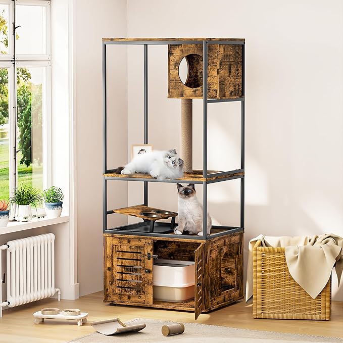 Lamerge Cat Tree with Litter Box Enclosure, All-in-1 Large Cat Litter Box Enclosure, Cat Condo with Scratching Posts and Cat Feeding Bowl, Rustic Brown
