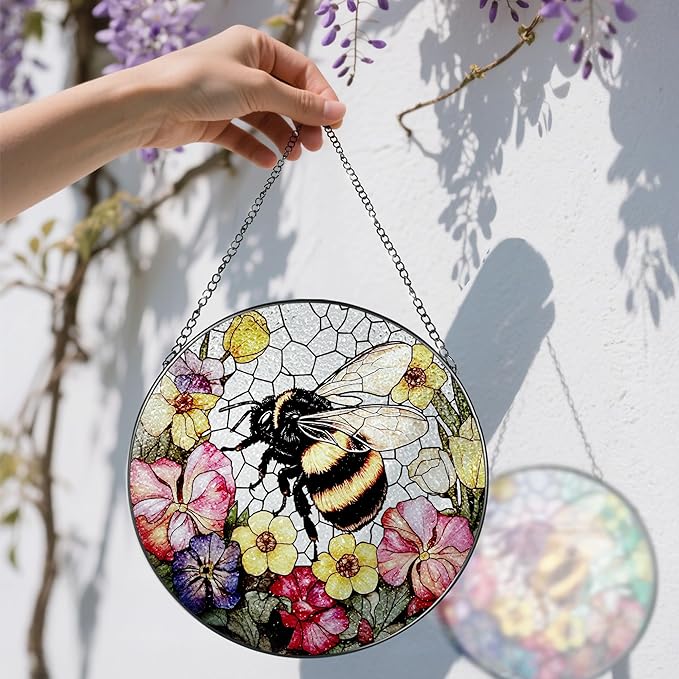 Stained Glass Window Hanging, 8 Inch Bee Stained Glass Ornament, Suncatchers for Windows Hanging, Window Decor, Gift for Garden Lover, Teacher Gift, Holiday, Birthday Gifts for Women Mom and Grandma