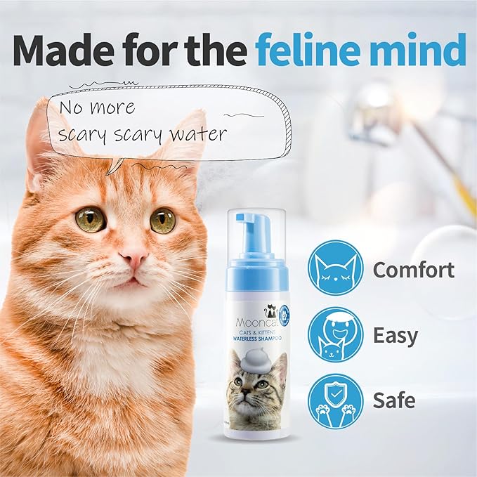 Mooncat Waterless Cat Shampoo, 100% Licking Safe & Vet Approved No Rinse Dry Bath Foam - Gentle Deodorizer for Short Haired Cats, Seniors & Kittens - Soothes Sensitive Skin, Reduces Dander & Odor