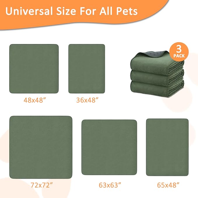 Bunlitent Washable Puppy Pads, 72'' x 72'', 3 Packs, Green, Extra Large | Non-Slip, Quick-Dry, Waterproof, Reusable, Quick Dry, For Puppy Senior Dog Incontinence Whelping
