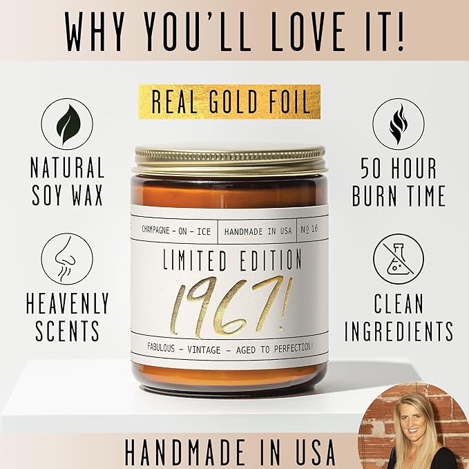 58th Birthday Gifts for Women - 'Limited Edition 1967' Soy Candle, w/Champagne on Ice I 58 Birthday Gifts for Women I 58th Gift for Her Ideas I 9oz Reusable Jar, 50Hr Burn, Made in USA