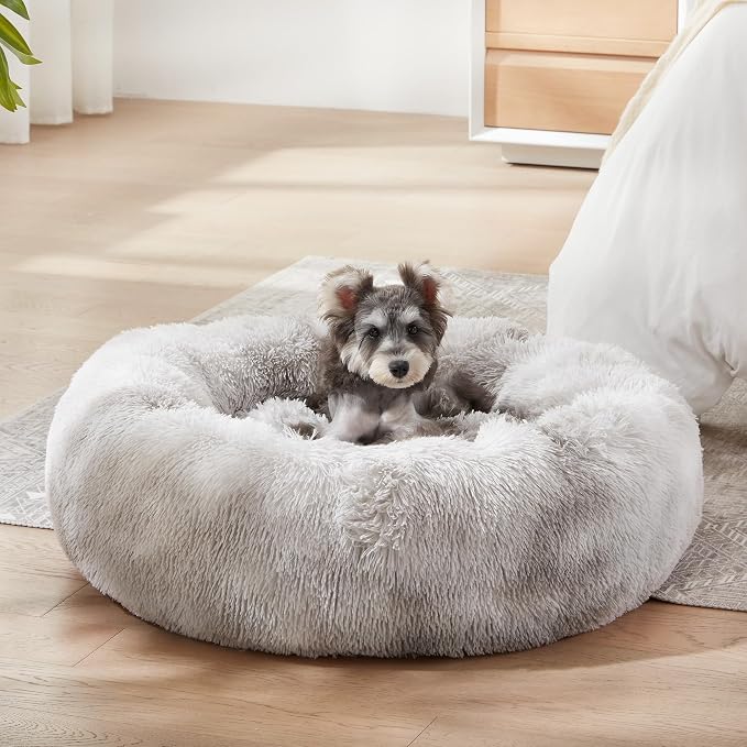 Western Home Calming Donut Small Dog Cat Bed Washable Puppy Bed,24" | Fluffy Faux Fur Round Cuddler,Anti-Anxiety,Anti-Slip Bottom,Pet Beds for Puppy&Small Dog&Large Cat,Up to 25 LBS White Grey