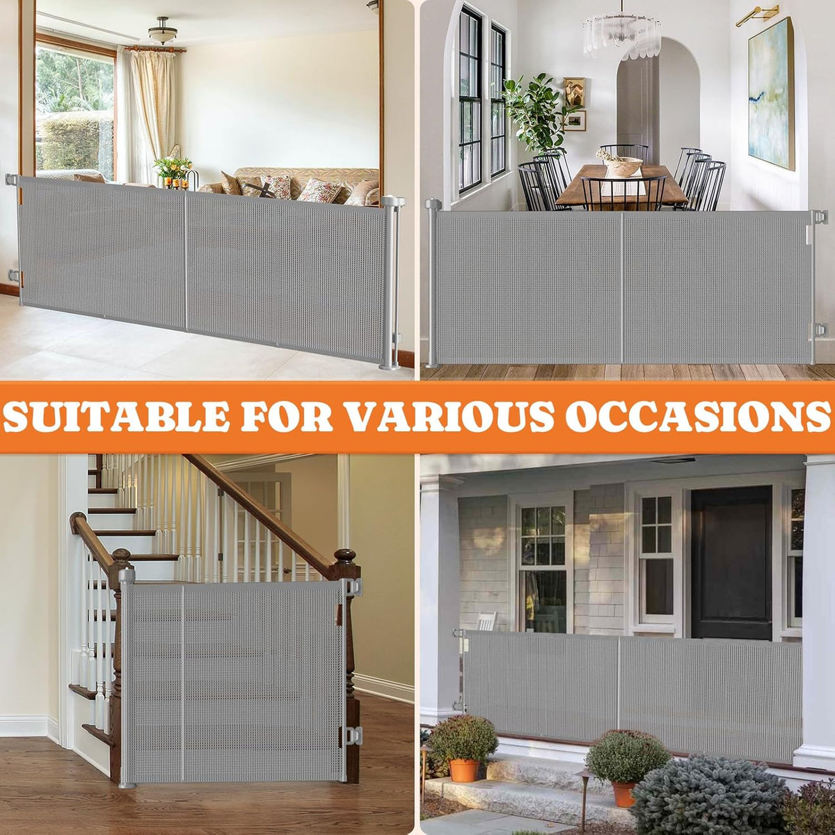 Upgrade Retractable Baby Gates, 35" Tall Extends up to 60" Wide, Mesh Dog Gate Indoor for Stairs, Outdoor Reinforced Pet Gate with Support Rods for Doorways Hallways Kitchen Bedroom, Grey
