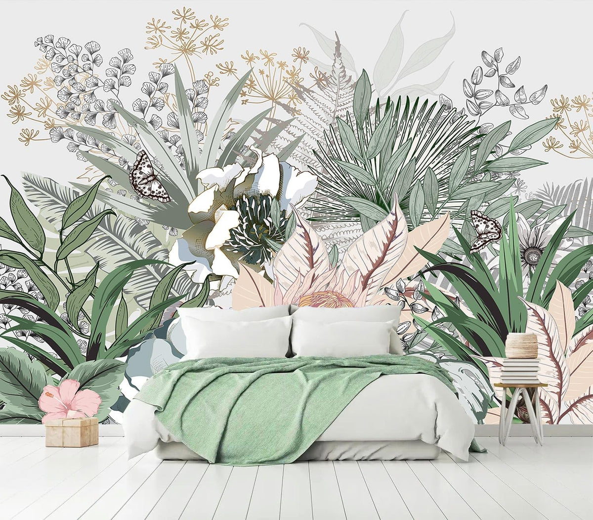 AFZEVEB-Tropical Jungle Wallpaper Botanical Large Floral Wall murals for Bedroom 136"x96" (Not Peel and Stick)