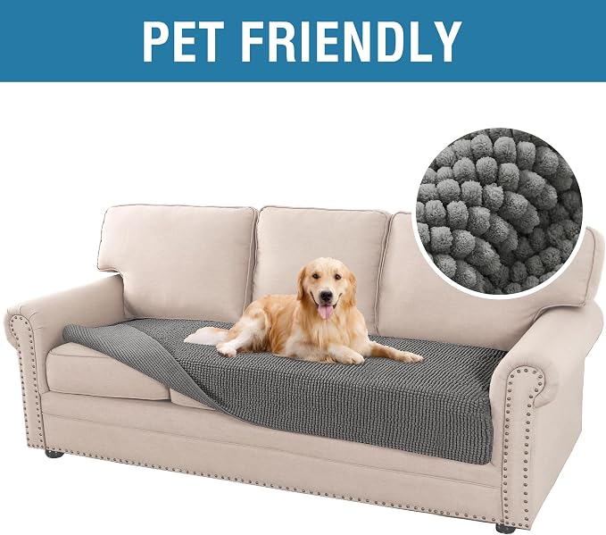 H.VERSAILTEX Plush Chenille Dog Bed Cover Thick Soft Sofa Cover for 3 Cushion Couch Anti Slip Couch Cover Furniture Protector for Dog, Pet, Cat (35" x 82", Grey)