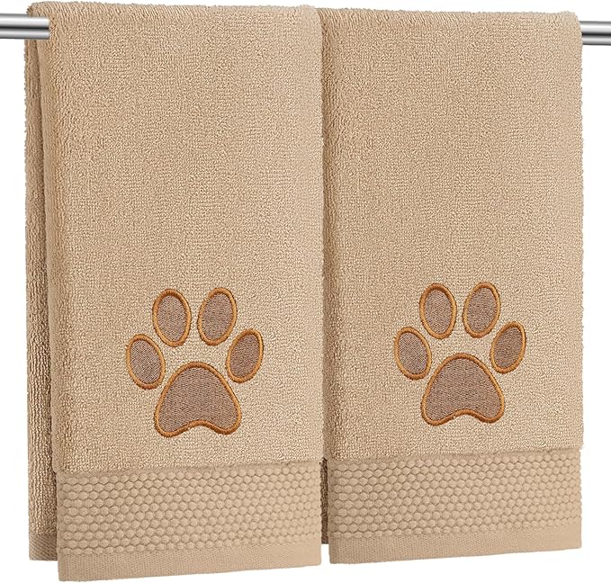 2 Pcs Dog Paw Hand Towels Bathroom Decor 13 x 29 Inch 100% Cotton Embroidered Soft Hand Towels Absorbent Farmhouse for Kitchen Restroom (Brown)