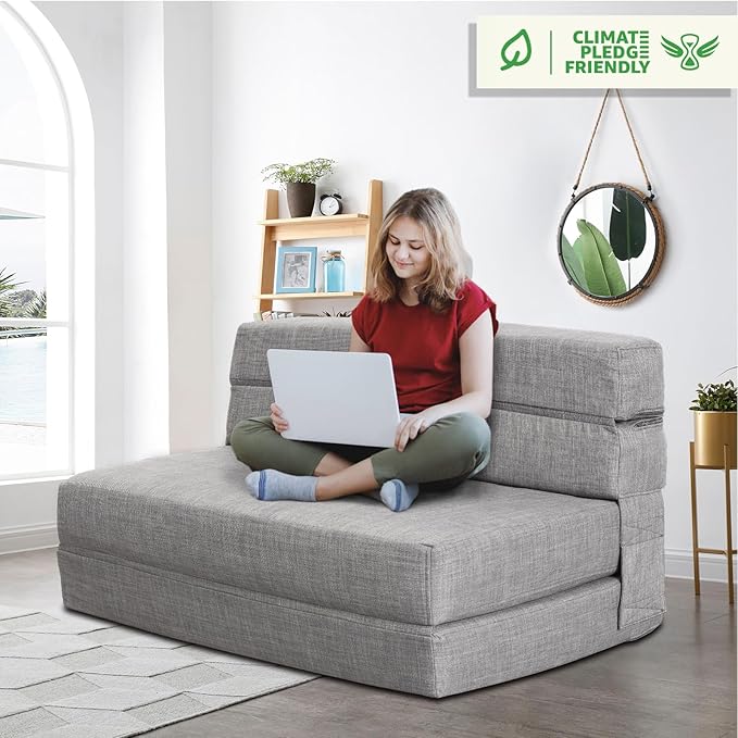 ANONER 60" Folding Sleeper Chair Sofa Bed Lazy Couch with 2 Pillows, Queen Size Memory Foam Washable Cover, Light Gray