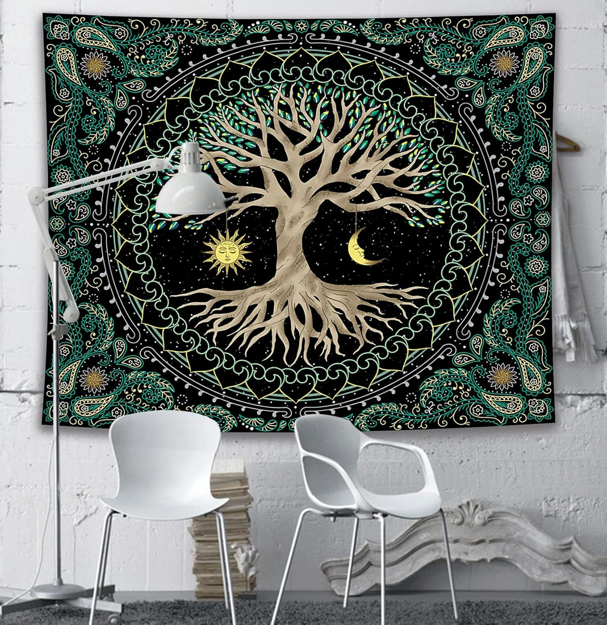 FORATER Tree of Life Wall Hanging - Aesthetic Sun and Moon Tapestry with Vintage Paisley Flowers (53 x 61 inches, Multicolor) for Bedroom, Living Room, Dorm