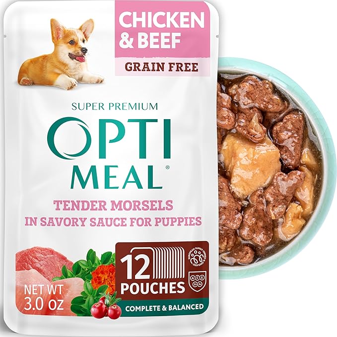 Optimeal Wet Dog Food Pouches - Puppy Grain Free Chicken & Beef Recipe, High Protein, Tender Morsels in Savory Sauce, Made with Natural Ingredients for Puppies, Premium Nutrition - 3 oz, Pack of 12