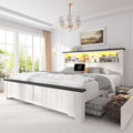 EnHomee Queen Bed Frame with Headboard and Storage, 4 Drawers and LED Built in Charging Station Bed Frame Queen Size with Storage Farmhouse, NO Noise,No Box Spring Needed, White
