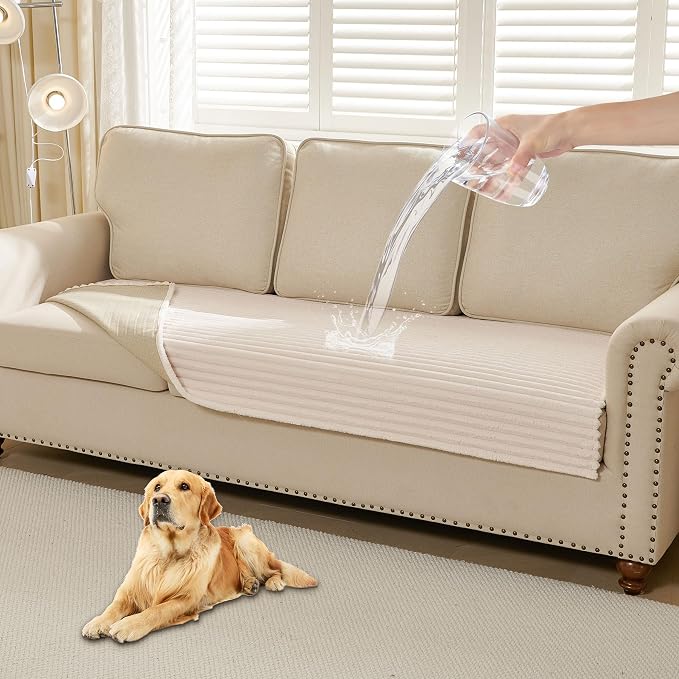 HAOMAIJIA Waterproof Couch Cover for Dogs Washable,Faux Fur Pet Couch Covers for Sofa,Soft Dog Bed Cover Non-Slip Couch Covers for 3 Cushion Couch Sofa Pet Friendly (Off White, 23" x 23" 2 Pack)