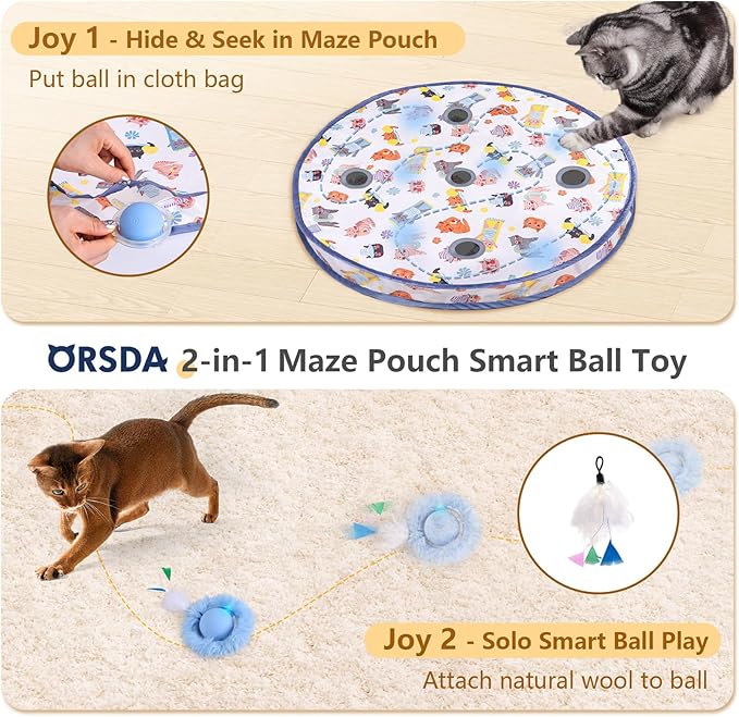 ORSDA Interactive Cat Toys Ball, Automatic Fast Rolling Ball in Pouch, Hide and Seek for Indoor Cats, Motion Chirping Activated Moving Toy, 5 Holes Mat Mouse Catching Game