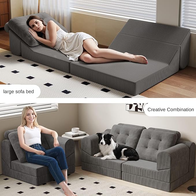 COMAX Folding Sofa Bed, 8-in-1 Foldable Floor Couch Corduroy Convertible Futon Sofa, Fold Out Chair Bed Sleeper Mattress Comfy Portable Lounge Loveseat Guest for Living Room Bedroom, Dark Grey