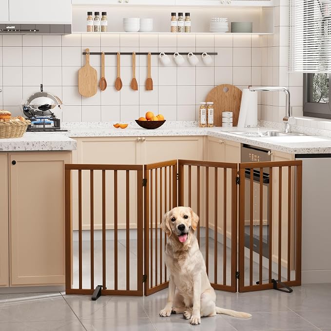32" H Extra Tall Freestanding Dog Gates Indoor, 4-Panel Bamboo Wood Door Gates for Pets with 2 Metal Stands and 360°Hinge, Folding Pet Barrier for Stairs, Doorways, Kitchen 74" W x 32" H - Walnut