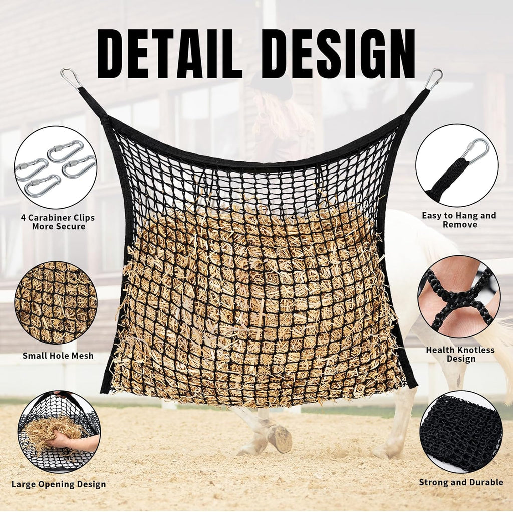 2 PCS Slow Feed Hay Net for Horses, Large Capacity Hay Bags for Horses Goats Sheep Donkey Trailer Full Day Feeding, Easy to Fill and Hang, Black, 35 x 31 Inch