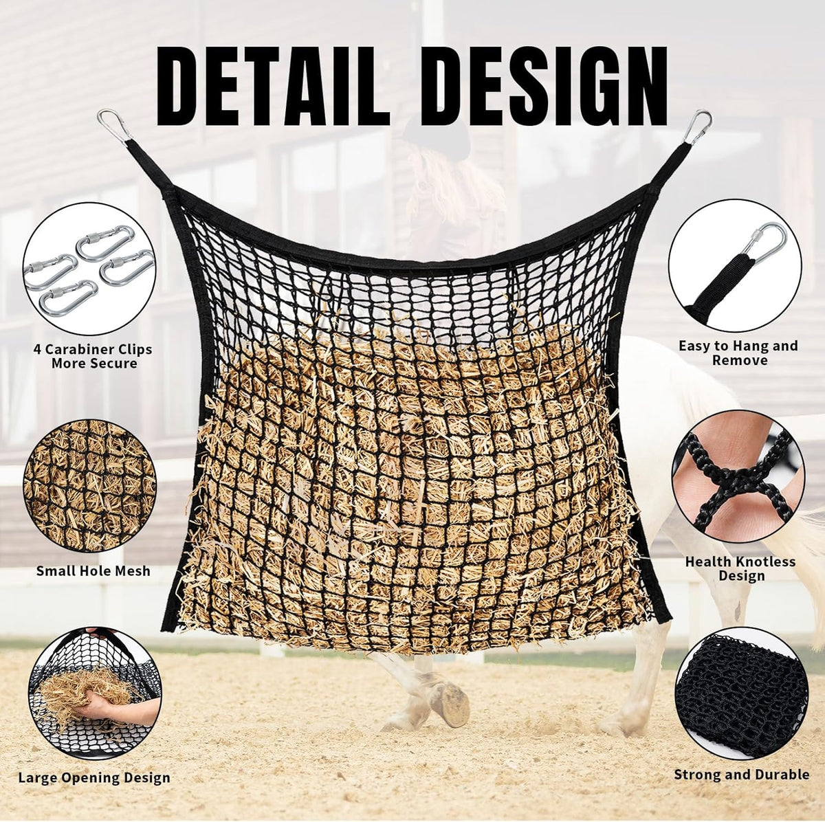 2 PCS Slow Feed Hay Net for Horses, Large Capacity Hay Bags for Horses Goats Sheep Donkey Trailer Full Day Feeding, Easy to Fill and Hang, Black, 35 x 31 Inch