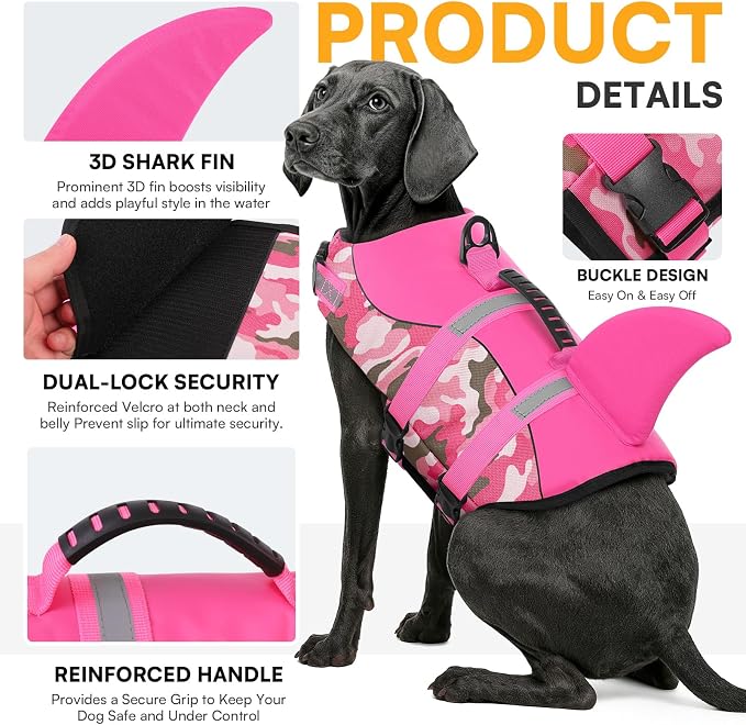 Dog Life Jacket Ripstop Dog Shark Safety Vest Adjustable Preserver with High Buoyancy and Durable Rescue Handle for Small,Medium,Large Dogs, Pink Camouflage X-Large