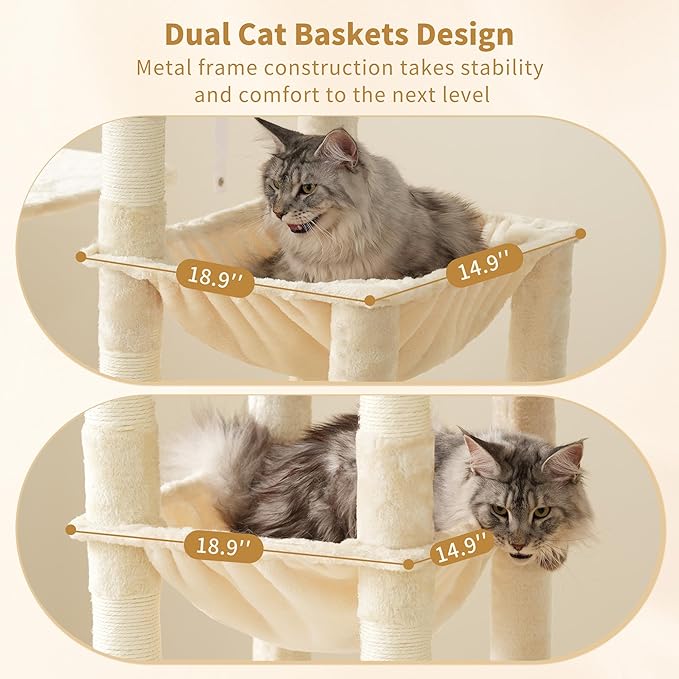 Heybly Cat Tree, 71-Inch Tall Cat Tower for Large Maine Coon Cats with Extra-Large Baseboard, Cat Condo Furniture with Multi-Level Platforms, 2 Hammocks and 12 Scratching Posts, Beige HCT037M