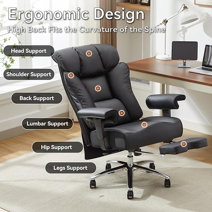 Efomao Big and Tall Office Chair 450lbs, Heavy Duty Executive Office Chair with Lumbar Support, Adjustable Armrests & Footrest, Ergonomic High Back Desk Chair for Home Office, Black
