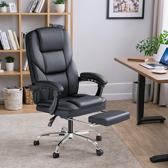 Furmax Executive Office Chair with Foot Rest Big and Tall Office Chair Ergonomic Home Office Desk Chairs Reclining High Back Leather Chair with Lumbar Support, 400LBS (Black)