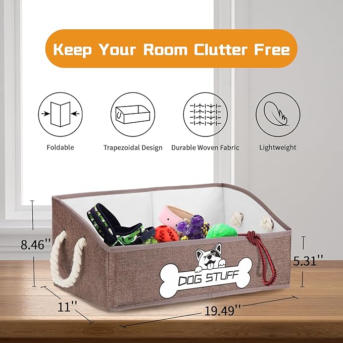 Collapsible Fabric Dog Toy Box and Storage Bin With Handle - Trapezoid Basket Chest Organizer for Pet Toys, Blankets and Accessories,Coffee